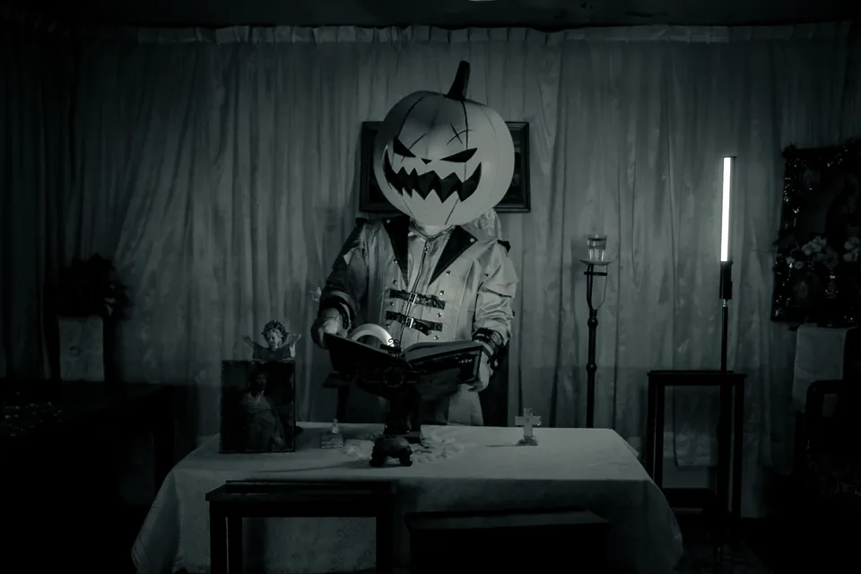 A figure with a carved pumpkin for a head reading a book in a dim, shadowy room