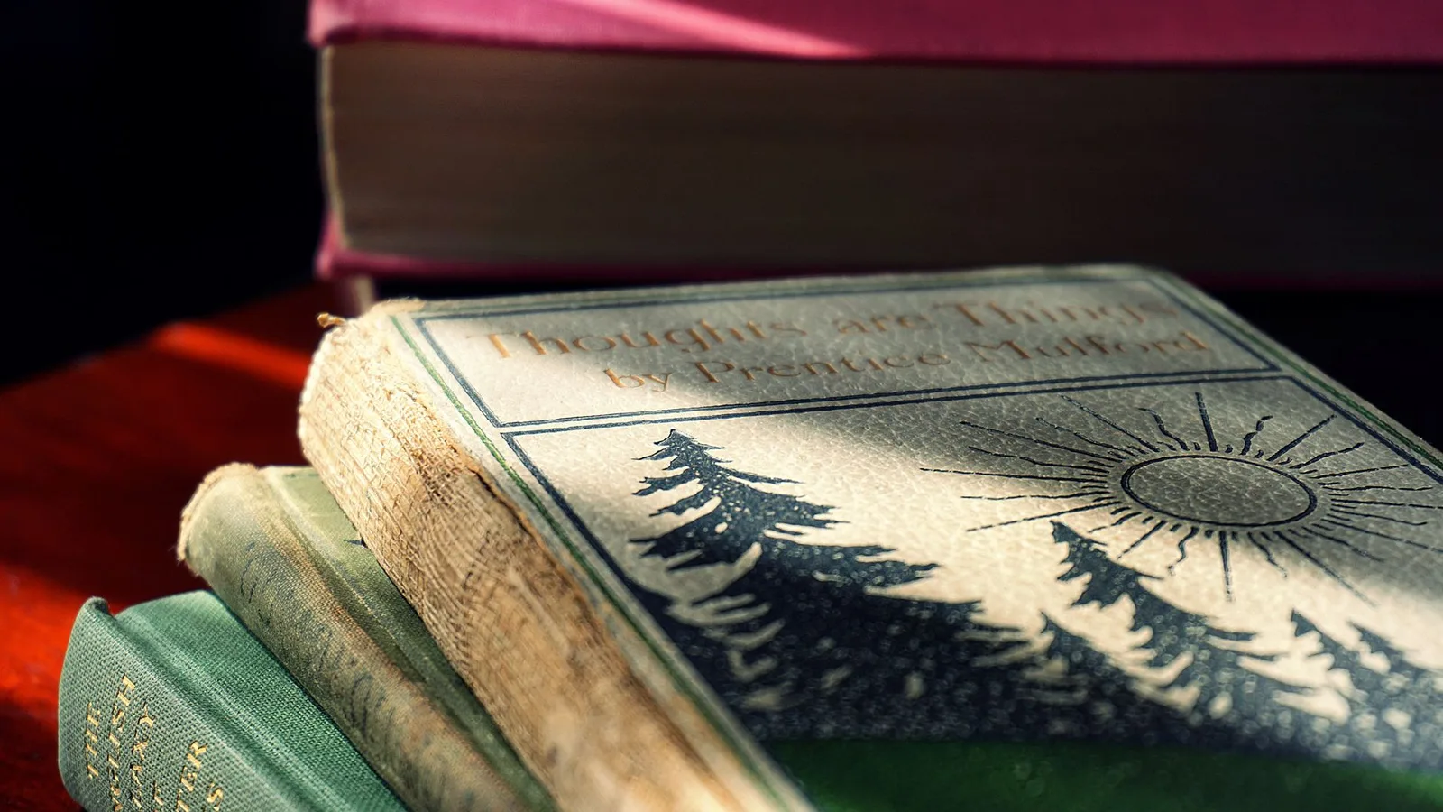 Hardcover books stacked on a wooden table in warm sunlight